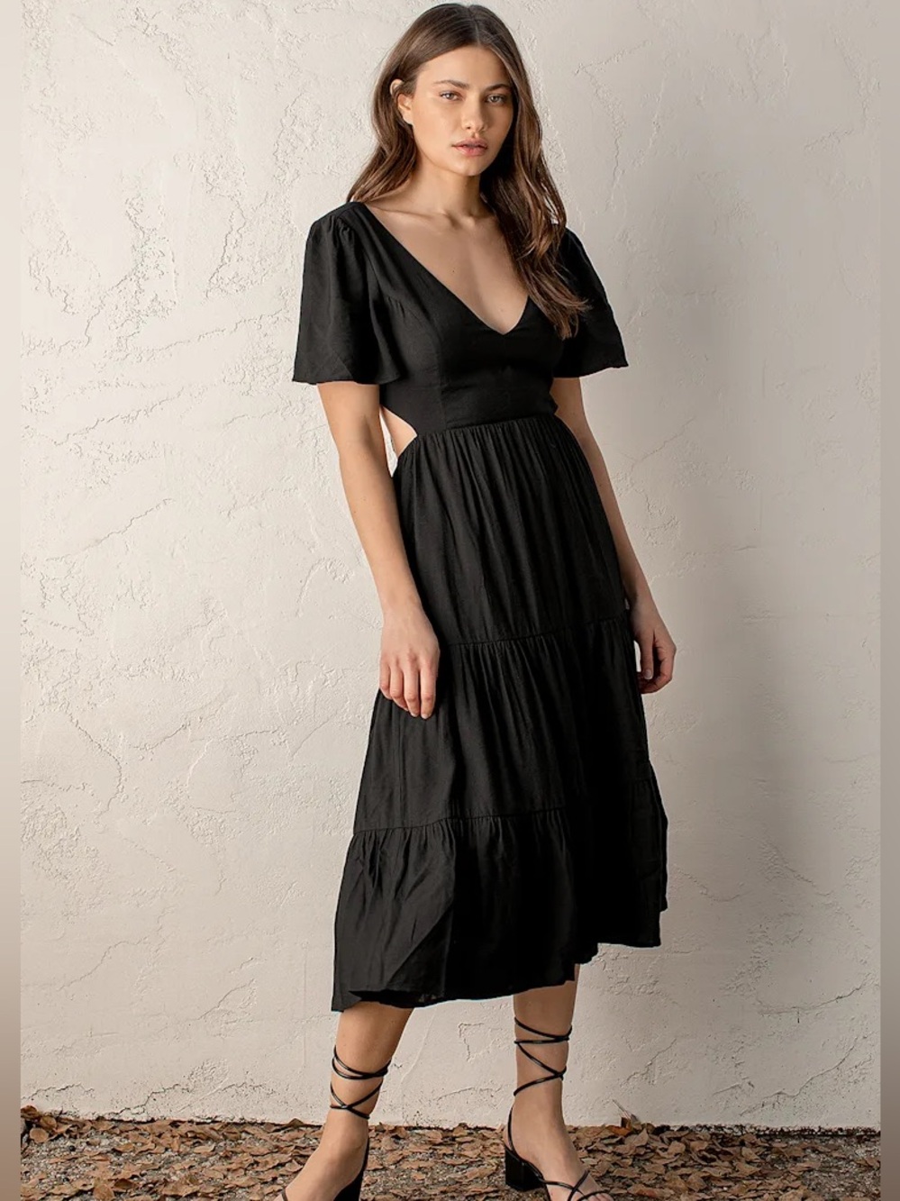 Lulus Tied With Love Black Tiered Midi Dress Cutout Bow Back Wedding Guest S